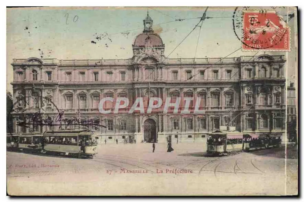 Marselha - A Prefeitura — vista da prefeitura com trams — editor: J. Baux, edição Marselha, n° 27 - Frente