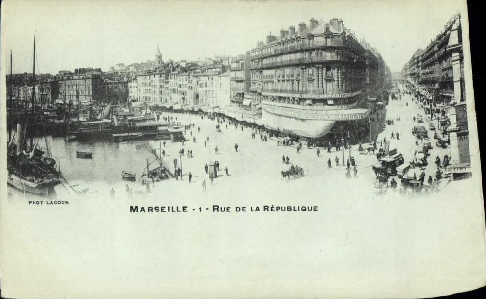 Marselha - Rue de la République — vista do porto e do edifício Samartain — Phot Lacour - Frente