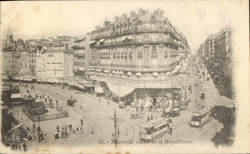 Marseille - Rue de la République — vista do canto com a galeria da Samaritaine — editor não identificado, n° 23 - Frente