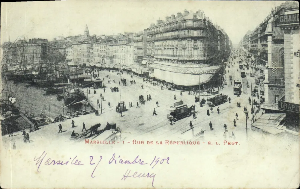 Marseille - Rue de la République — vista do porto e do grande armazém Samaritain — E. L. Phot. - Frente