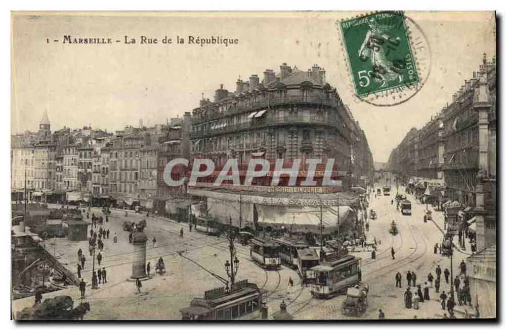 Marseille - La Rue de la République — vue urbaine avec tramways — éditeur inconnu, n° de série non visible - Frente
