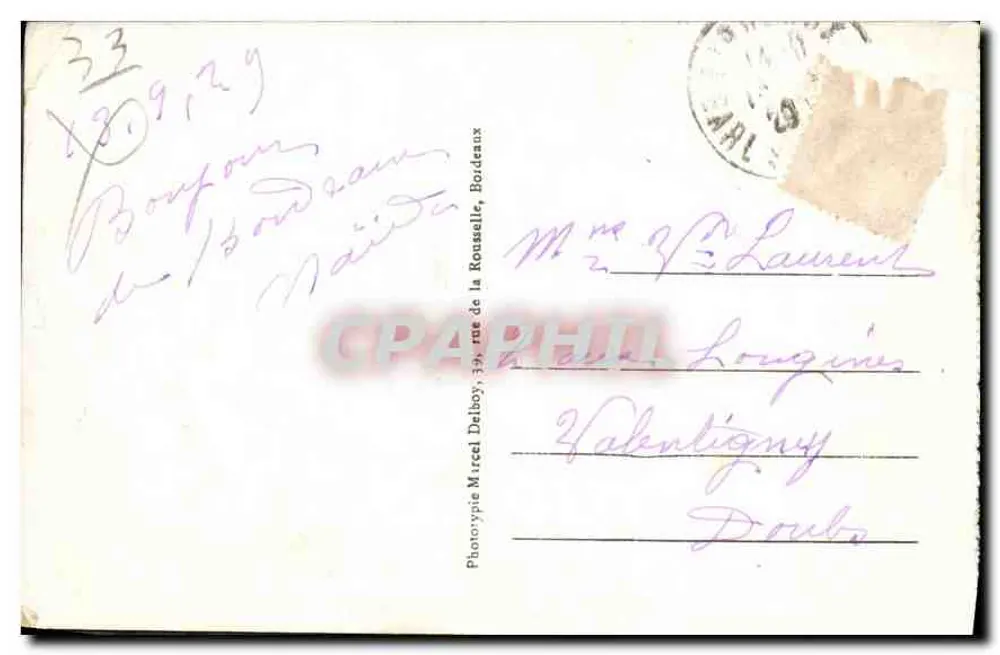 Bordeaux - Praça da Vitória - M. D. - Fototipia Marcel Delboy - Verso