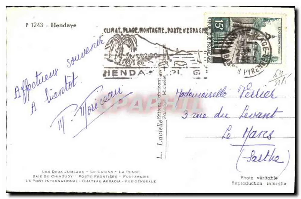Hendaye — vista geral — L. Lavielle, editor, n° P 1243 - Verso