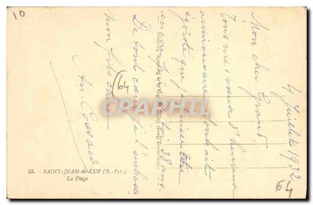 Saint-Jean-de-Luz — A Praia — editor Delaunay, n°35 - Verso