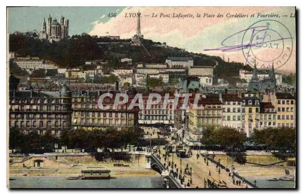 LYON — Der Lafayette-Brücke, Place des Cordeliers und Fourvière — Anonymer Verleger, Nr. 456 - Vorderseite