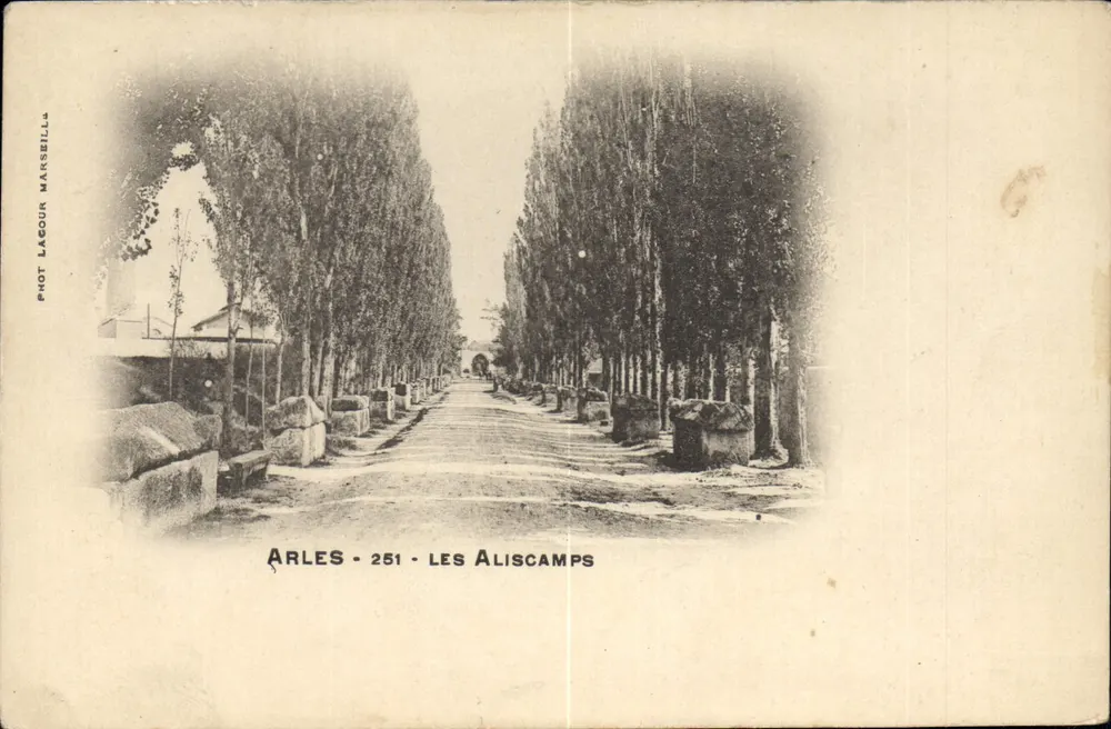 Arles - Les Aliscamps — vista de uma avenida cercada por árvores — Fot. Lagour, Marseille, n°251 - Frente