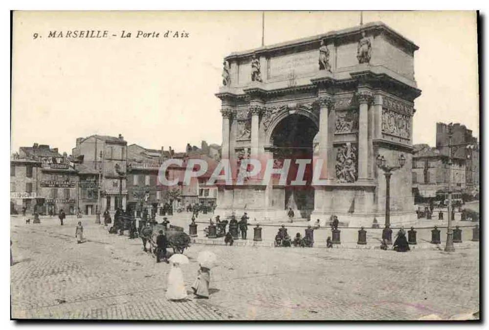 MARSEILLE - A Porta de Aix — vista do arco triunfal com pedestres e veículos — editor G. MARSEILLE, n°9 - Frente