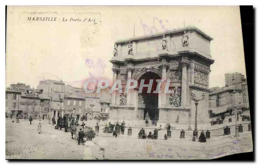 Marseille — Porte d'Aix — widok z monumentalnego łuku z pieszymi i pojazdami — wydawca nieznany, numer serii nie widoczny - Awers