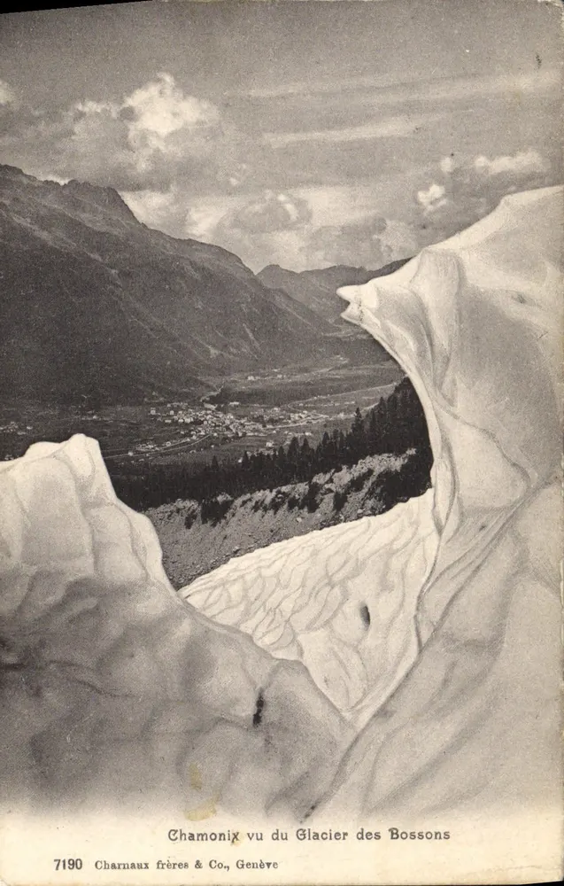 Chamonix vista do Glaciar dos Bossons — vista panorâmica — Charnaux frères & Co., Genebra, n° 7190 - Frente