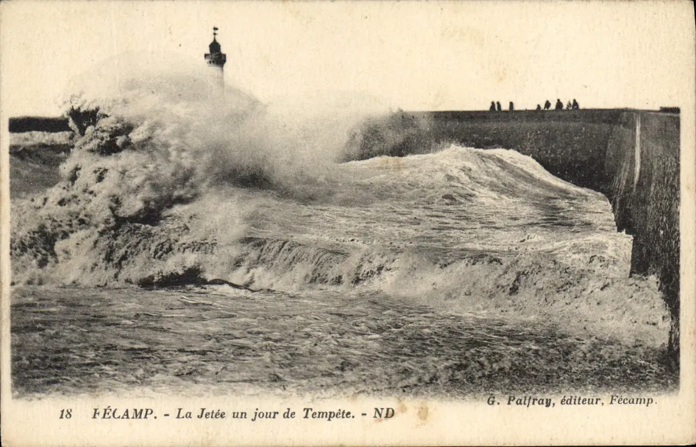 Fécamp — Vista della diga in un giorno di tempesta — G. Palfray, editore, Fécamp - Recto
