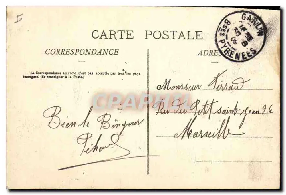 Pau — O Gave visto da Place Royale — Bilhete postal antigo n°16, editor S.W.N. - Verso