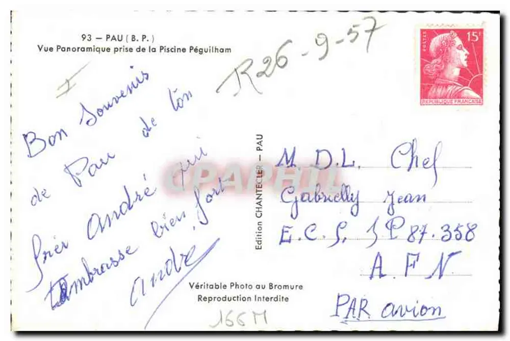 Pau (B.P.P.) — Panoramablick vom Péguiham-Becken — Chantecler-Ausgabe - Rückseite