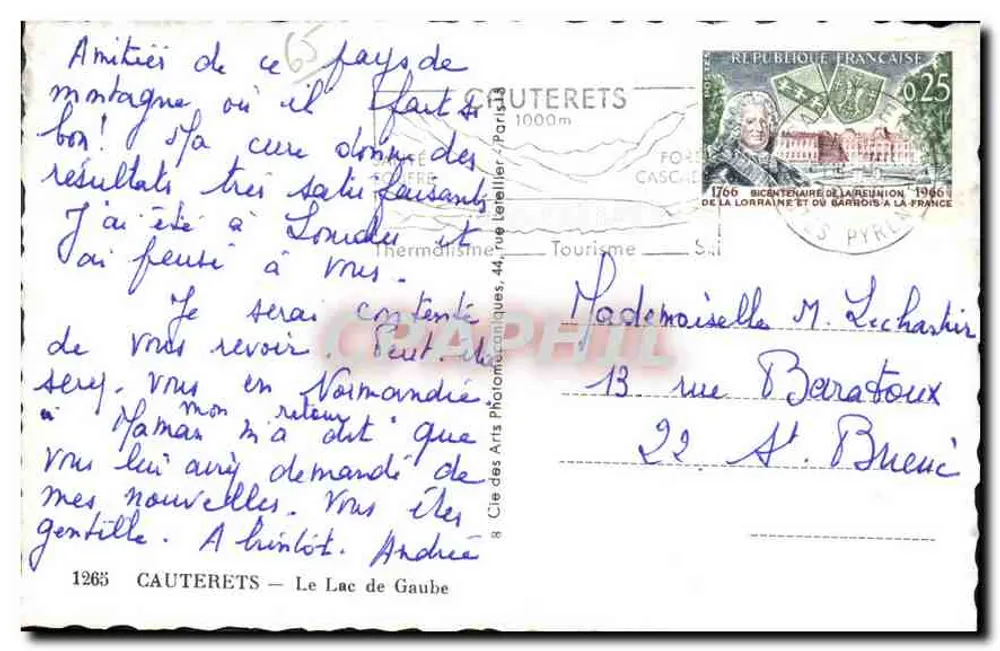 Lago de Gaube — Cauterets — Editora: Cie des Arts Photographiques, 44, rue de la République - Verso