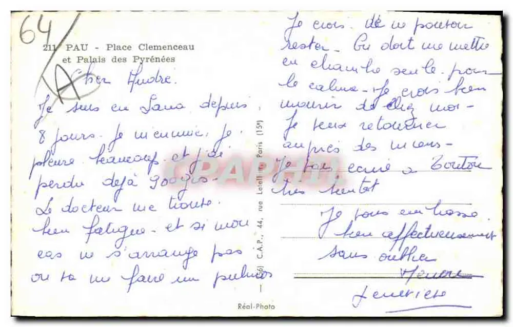 Pau - Praça Clemenceau e Palácio das Pirineus — C.A.P. n°64 - Verso