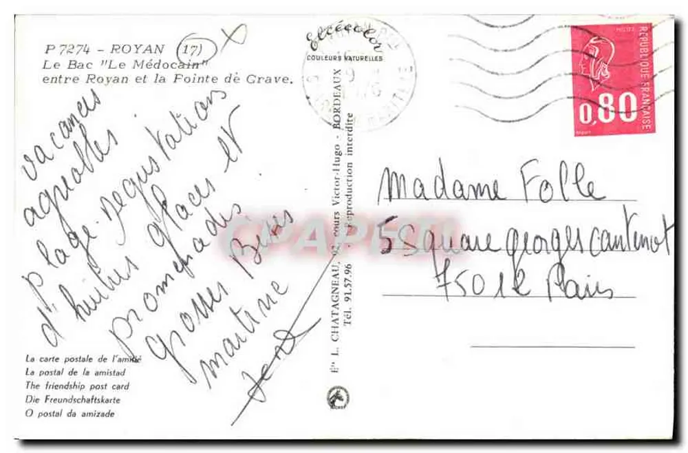 Le Médocain — ferry entre Royan e a Ponta de Grave — editor L. Chatagneau, n° P7274 - Verso