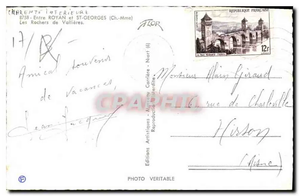 Les Rochers de Vallières — Zwischen Royan und St-Georges (Charente-Intérieure) — Éditions Artisitiques Marceau Carrière - Rückseite