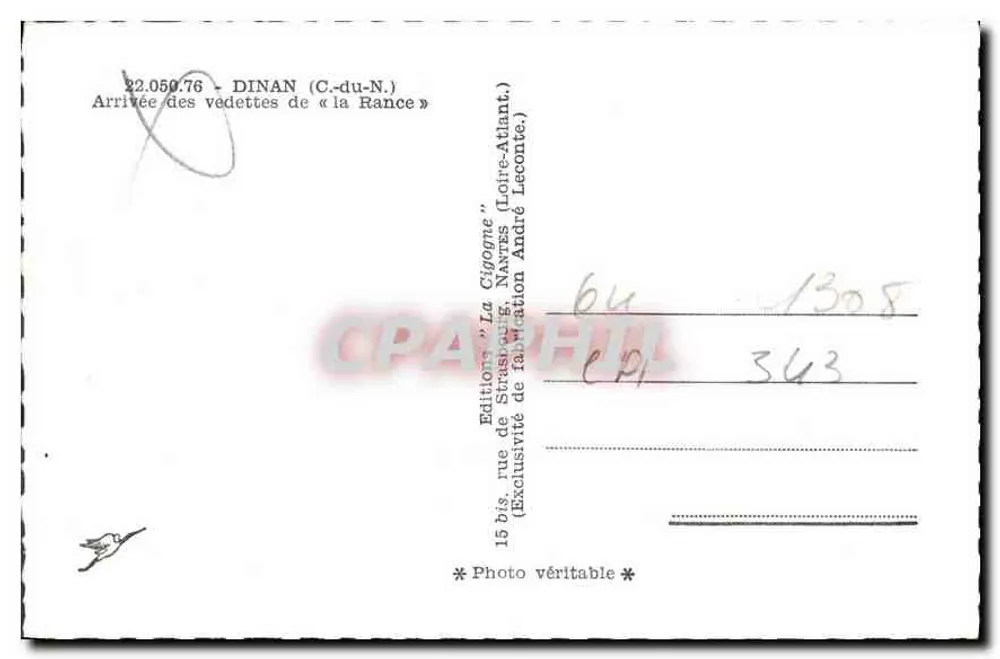 Dinan — Chegada das lanchas de « la Rance » — La Cigogne - Verso