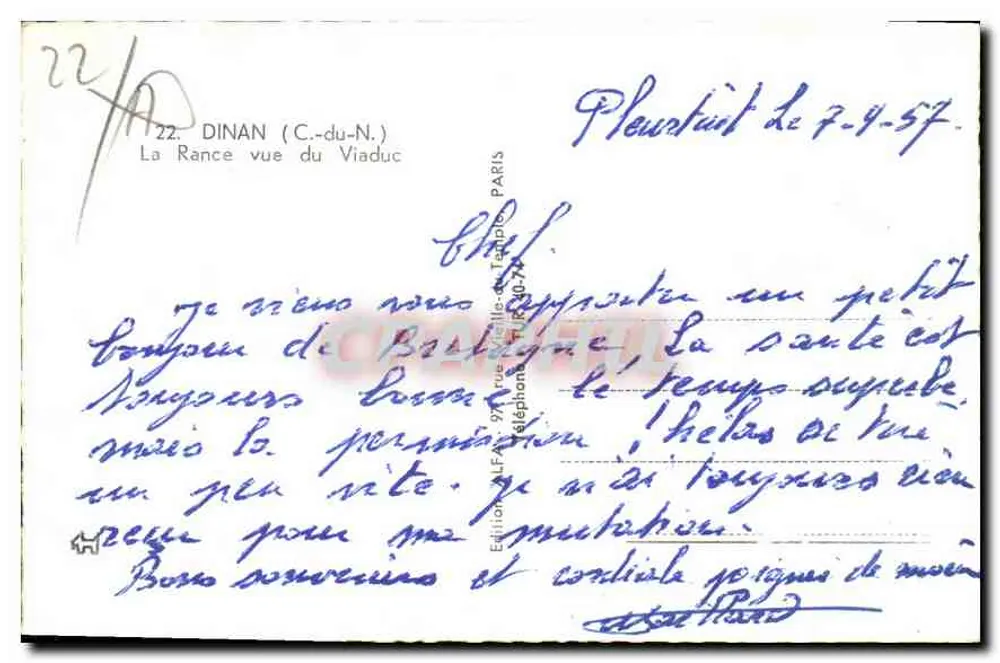 Dinan (C.-du-N.) — A Rance vista do Viaduto — Edição ALFRA — n°22 - Verso