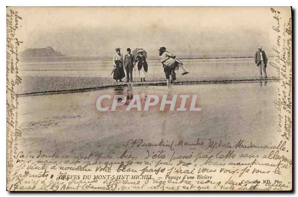 Grèves do Mont-Saint-Michel — Passagem por um Rio — Estabelecimentos Fotográficos de Neurdein, Paris - Frente
