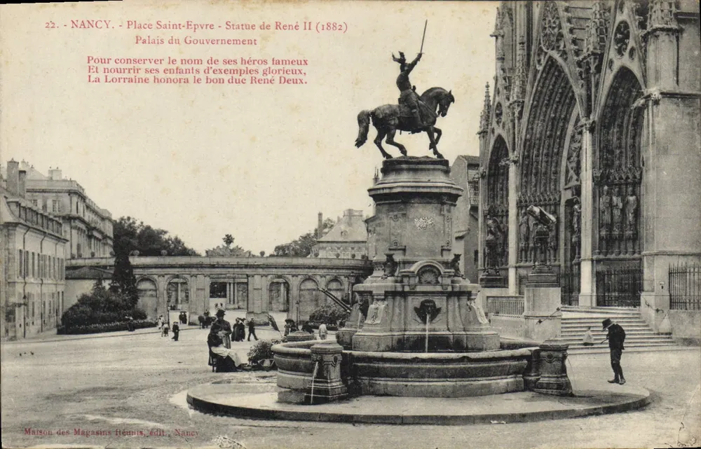 Nancy - Place Saint-Epvre - Statue von René II (1882) — Palast des Regierungschefs — Maison des Magasins Réunis, Verlag Nancy - Vorderseite