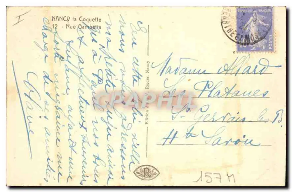 Nancy — Rue Gambetta — Edição de M. Roder - Verso