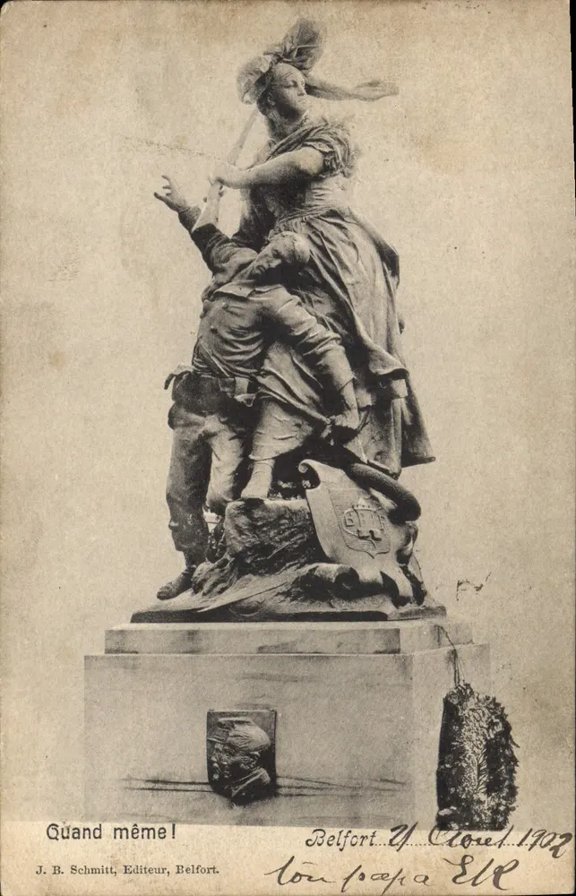 Estátua da Liberdade sobrepondo um soldado — Belfort — J. B. Schmitt, Editor, Belfort - Frente