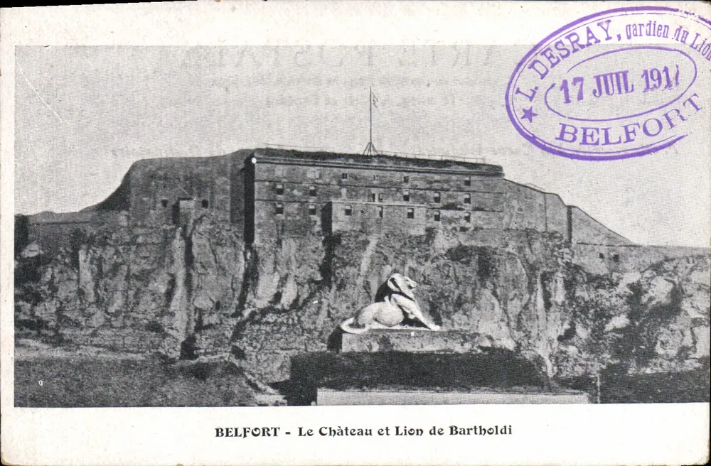Belfort - Das Schloss und der Bartholdi-Löwe — L. Desray, Wärter des Löwen, 17. Juli 1911 - Vorderseite