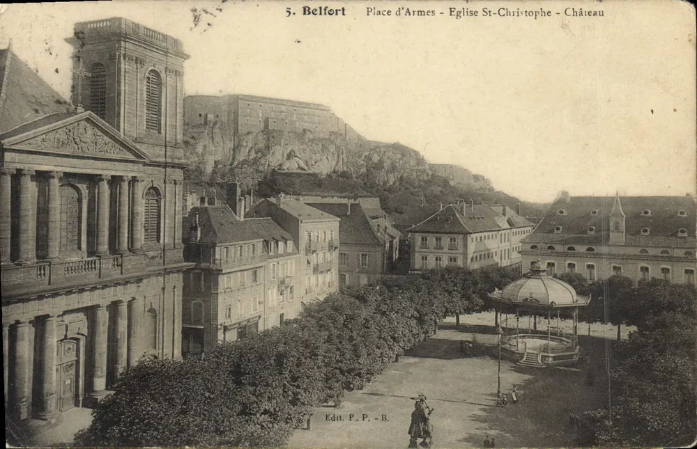 Belfort — Place d'Armes, Kirche Saint-Christophe, Schloss — Edit. P.P.-B. - Vorderseite