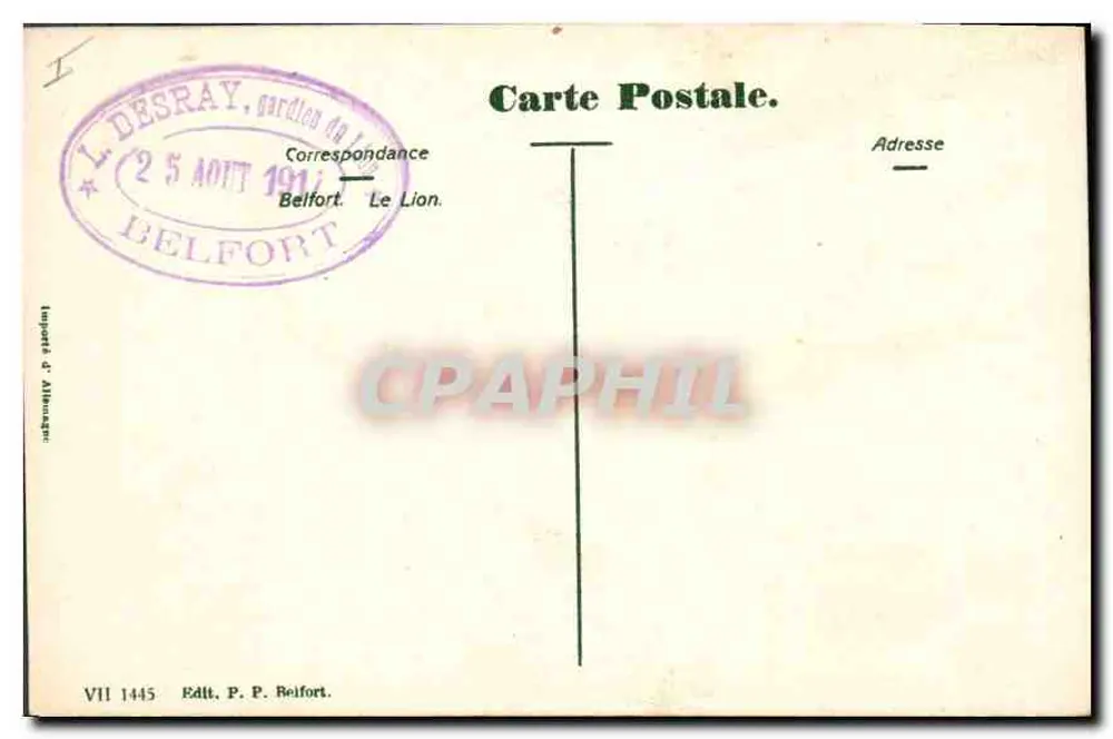 O Leão de Belfort — Monumento aos Defensores de Belfort 1870-71 — Editor P. P. Belfort, n° VII 1445 - Verso