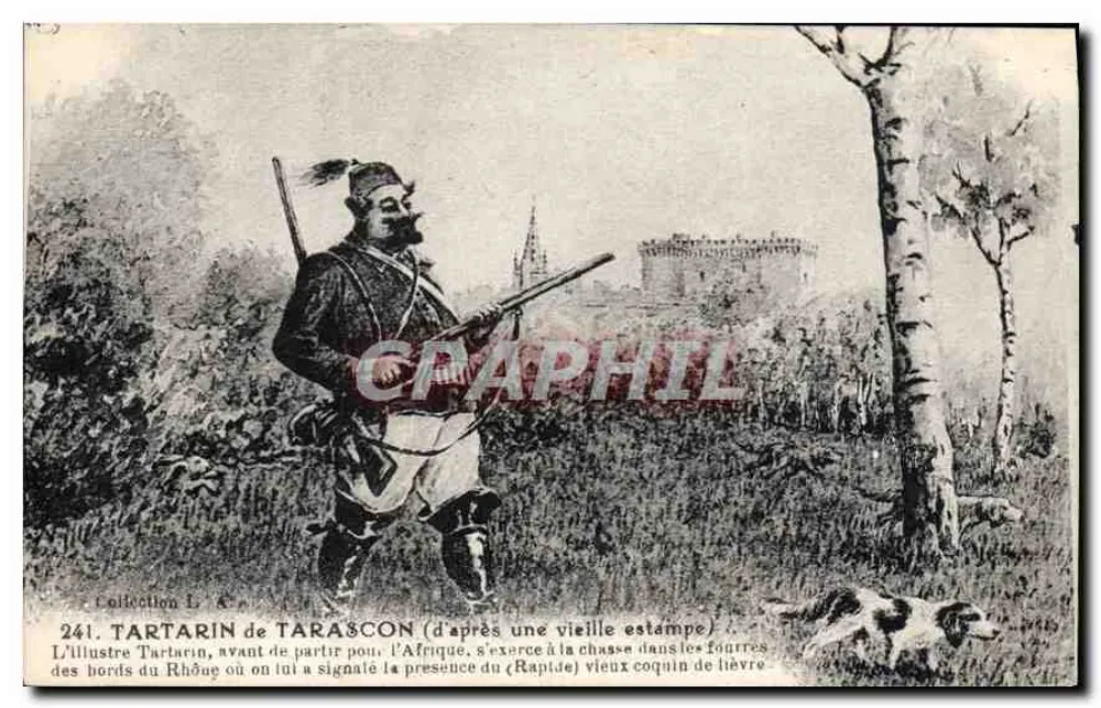 Tartarin de Tarascon — antes de partir para a África, se exercita na caça nos arbustos das margens do Ródano — Coleção L. n°241 - Frente