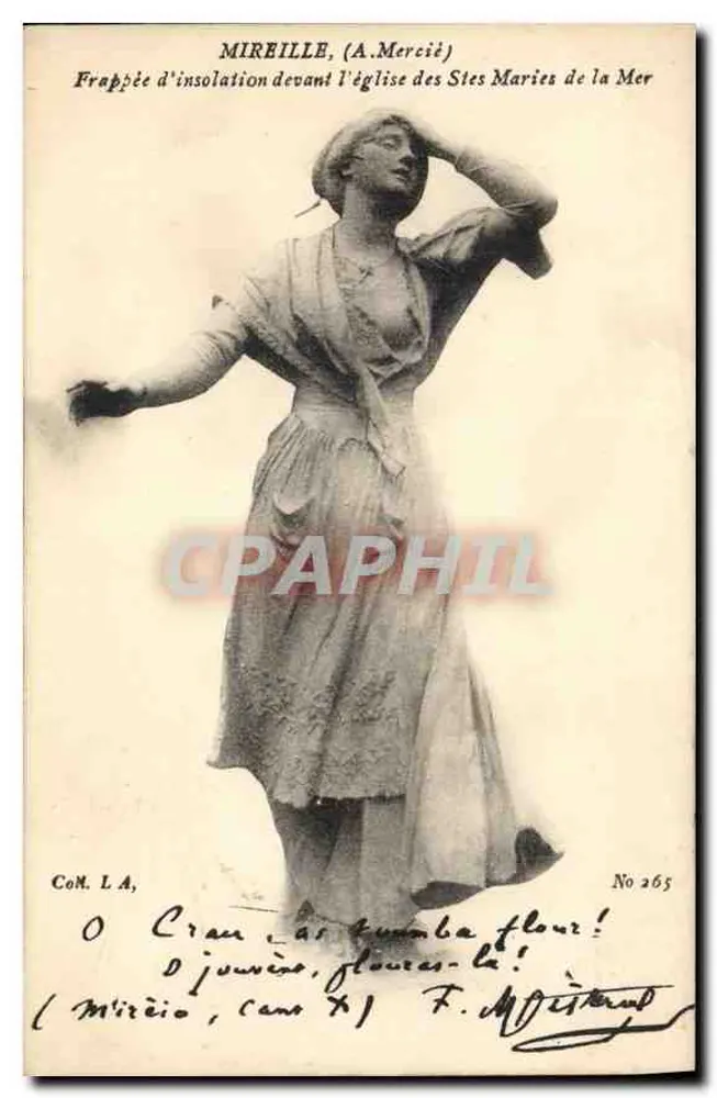 Statue von Mireille (A. Mercié) — Sonnenbrand vor der Kirche der Saintes-Maries-de-la-Mer — CoM. L.A., Nr. 265 - Vorderseite