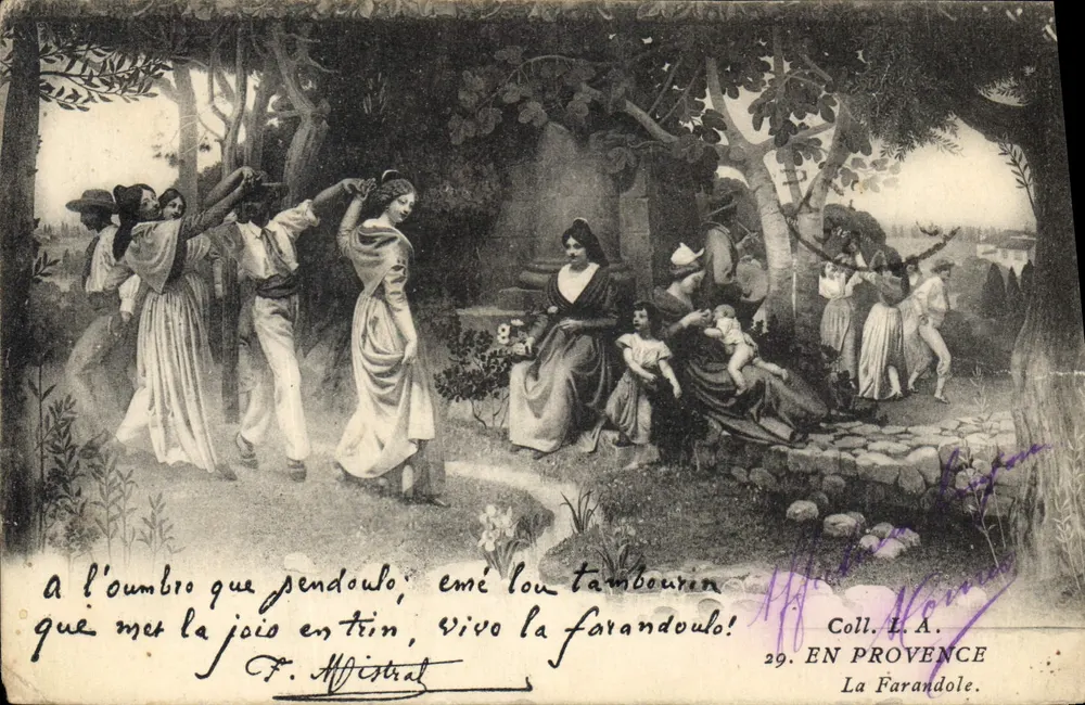 La Farandole — scène de danse provençale — F. Mistral, Coll. L.A. - Frente
