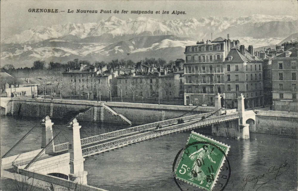 Grenoble — Der neue Eisenhängbrücke und die Alpen — Georges Duplé - Vorderseite