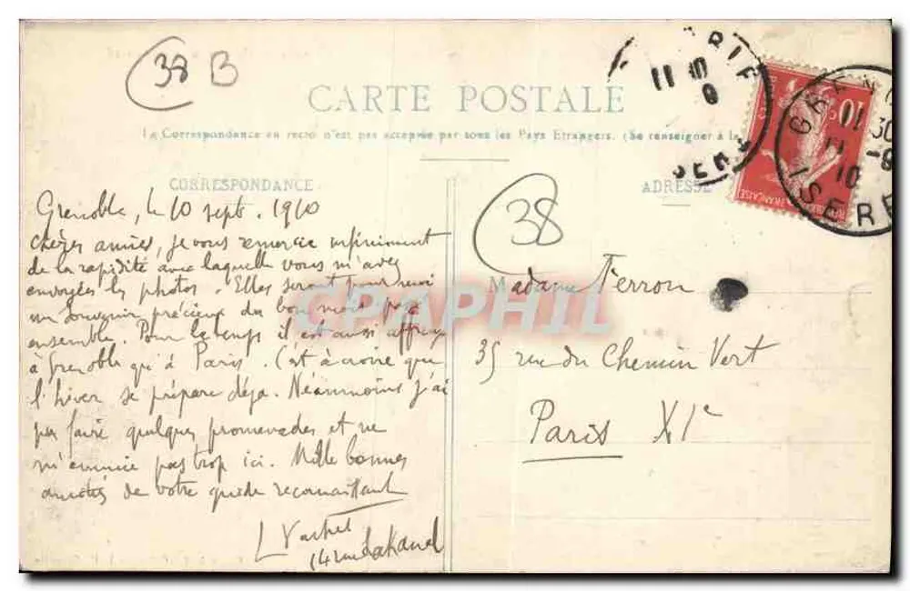 Grenoble - Die Isère am Quai Perrière, Ste Marie d'en-Haut und der Saint-Eynard — Cliché A. V., Sammlung L. P., Grenoble - Rückseite