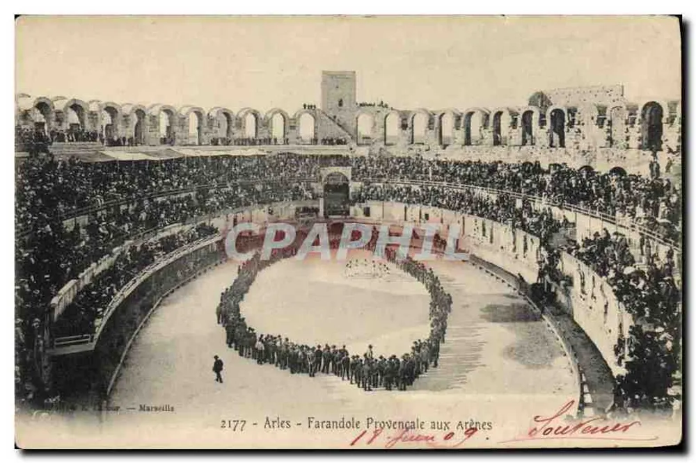 Arles - Farandole Provençale nas Arênes — Editor L. Léon, Marselha, n° 2177 - Frente