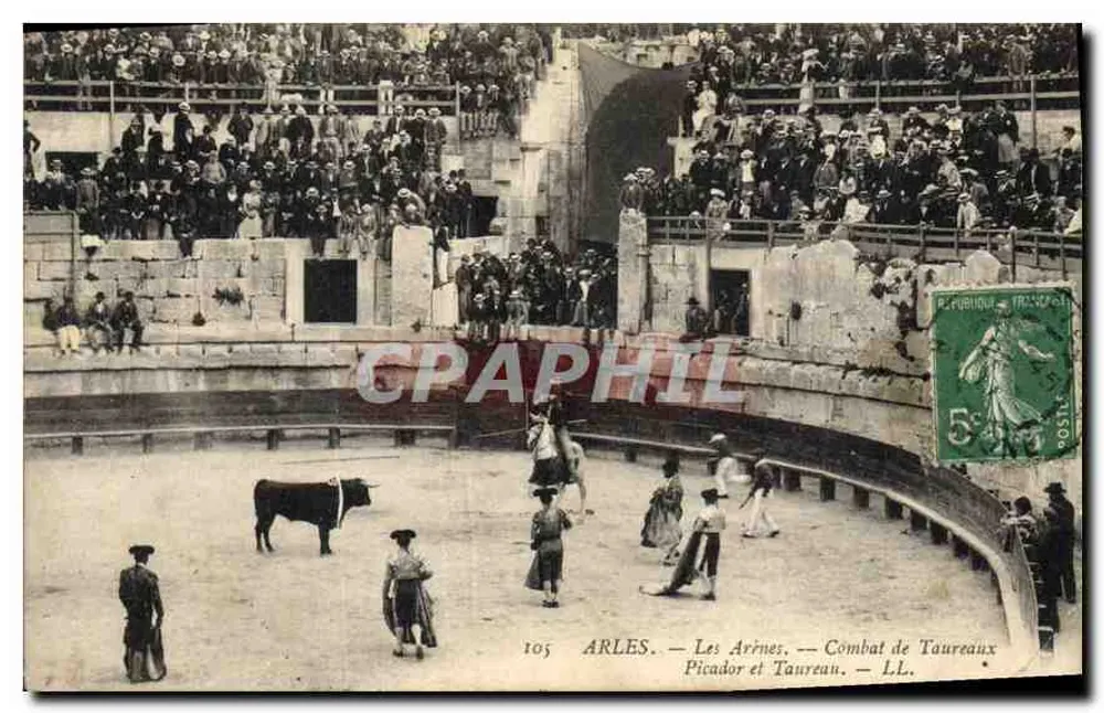 Arles — Die Arenen — Stierkampf. Picador und Stier — LL. — Nr. 105 - Vorderseite