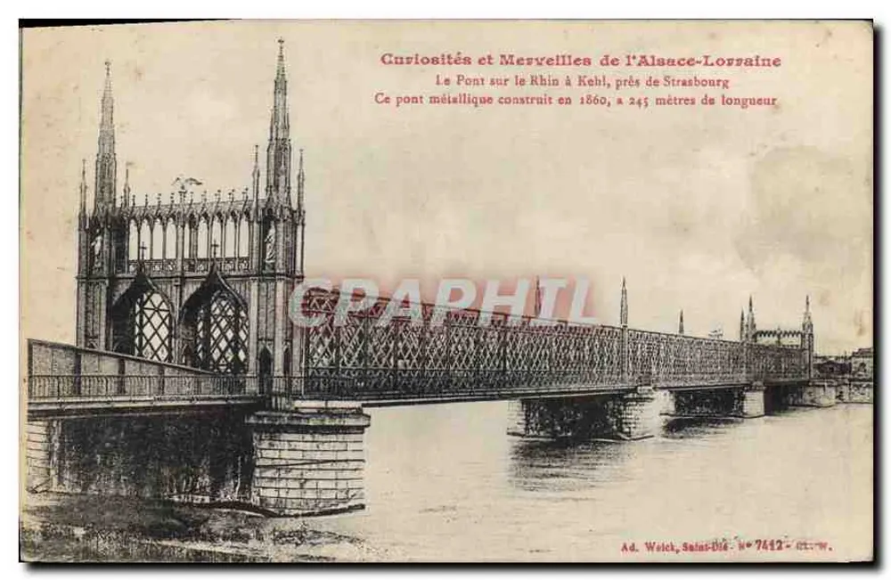 Ponte metálico sobre o Reno em Kehl, perto de Strasbourg — Curiosidades e Maravilhas do Alsace-Lorraine — Ad. Welch, Saint-Dié, n° 7442 - Frente