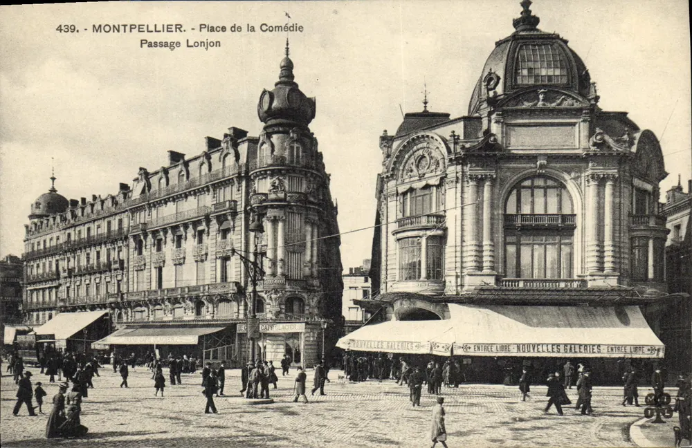 Montpellier - Plaza de la Comedia, Pasaje Lonjon — editor C. Glacier, n° 439 - Anverso