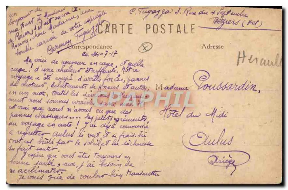 Béziers — Hotel das Pós e Telégrafos — Mazel Pons, Béziers - Verso