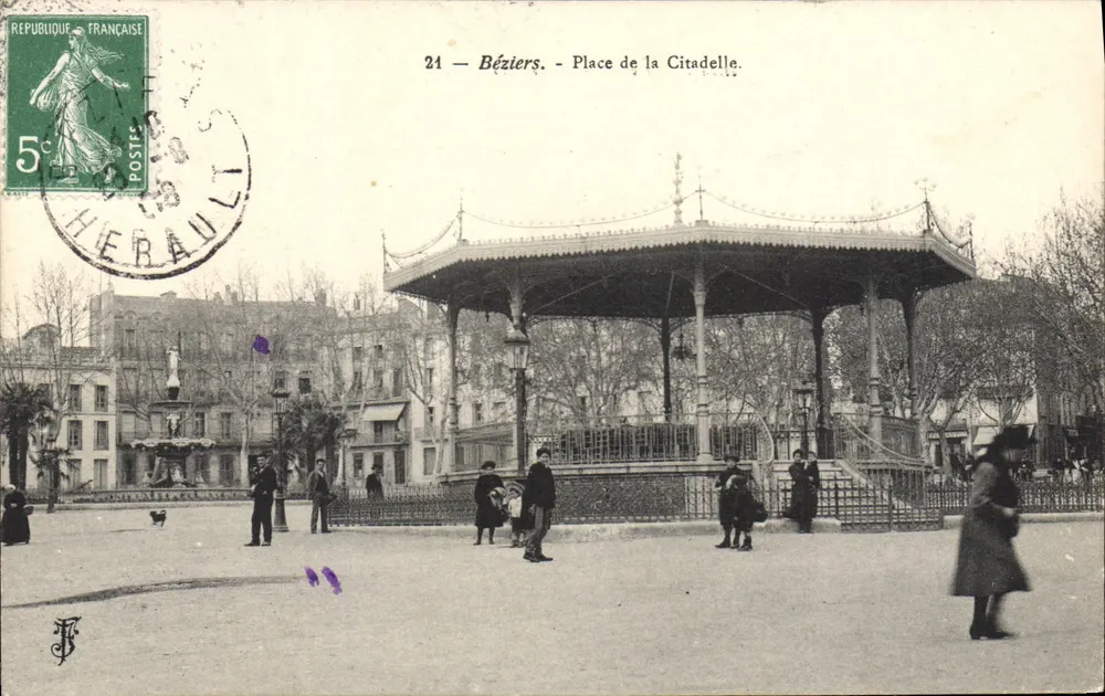 Béziers - Praça da Cidadela — quiosque central e fonte — editor F. (n°21) - Frente