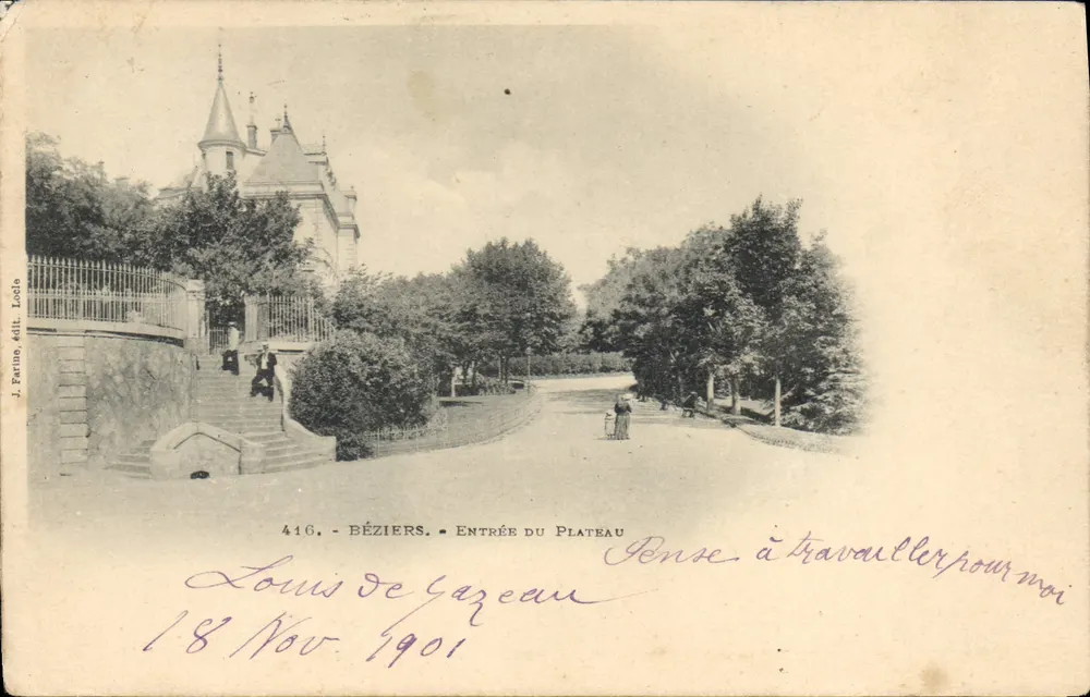 Béziers - Entrada do Plateau — J. Farina editor, n°416 - Frente