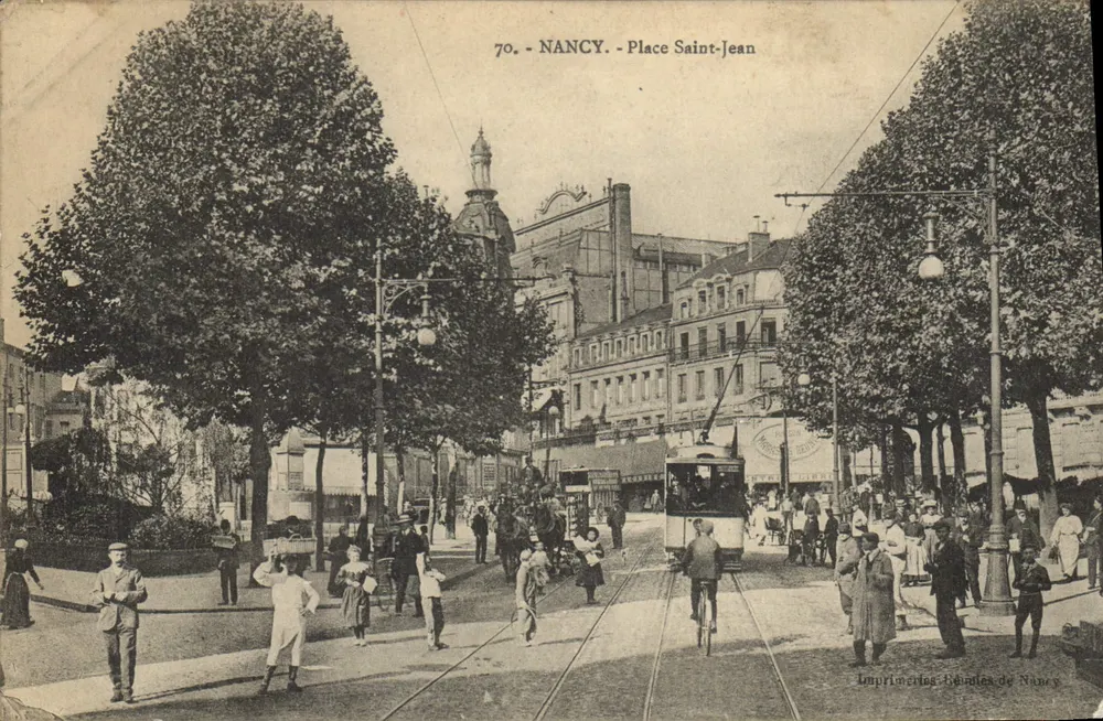 NANCY - Place Saint-Jean — trem e pedestres — Imprimeries Balaïdes de Nancy, n°70 - Frente