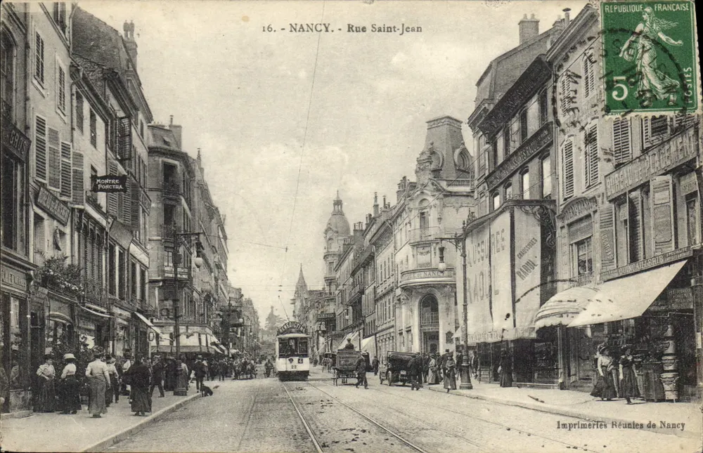 NANCY - Rue Saint-Jean — vista da rua com trem — Imprimeries Réunies de Nancy, n°16 - Frente