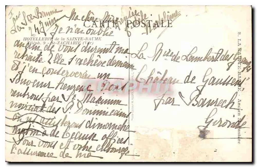 Château de Gaussen — vue générale avec véhicules d'époque — éditeur HOTELLERIE de la SAINTE-BAUME - Rückseite