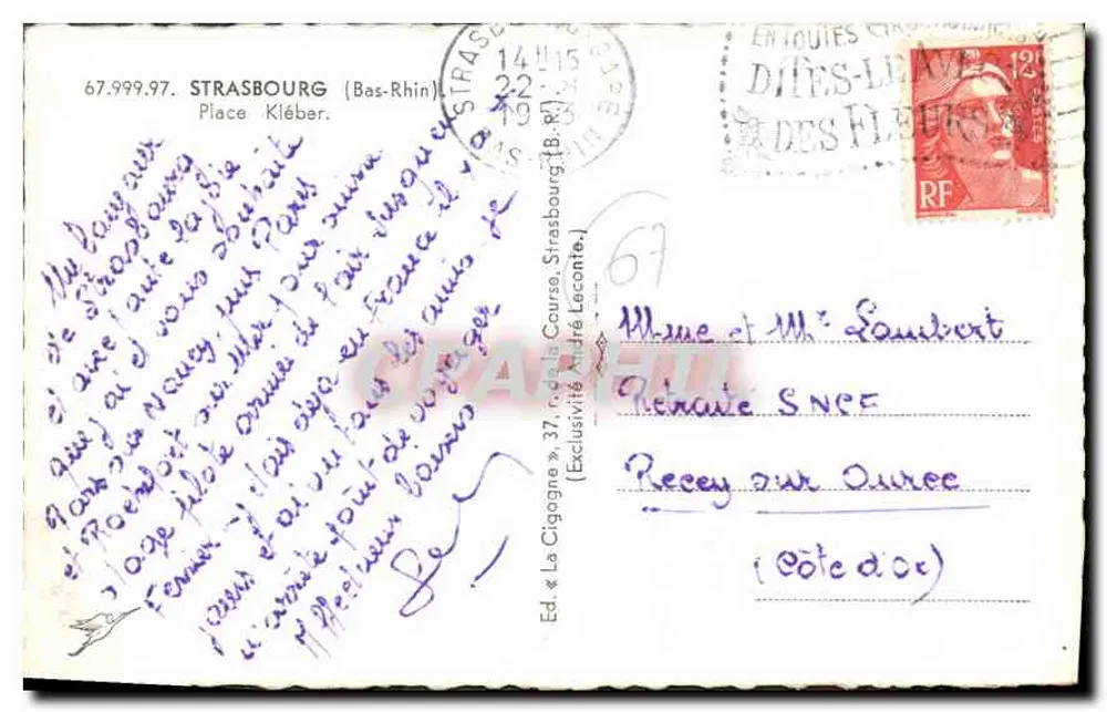 Praça Kléber — Strasbourg — Ed. La Cigogne, n° 67.999.97 - Verso