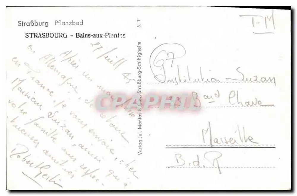 Estrasburgo - Bains-aux-Plantes — editor Jul. Manitas & Cie, n° 51 T - Verso