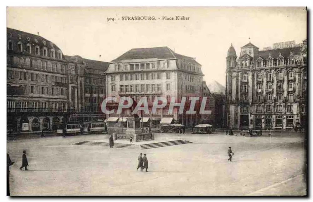 Strasbourg - Place Kleber — visão da praça com monumento central e edifícios históricos — Cartes 'La Cigogne', 17, Rue de la République - Frente