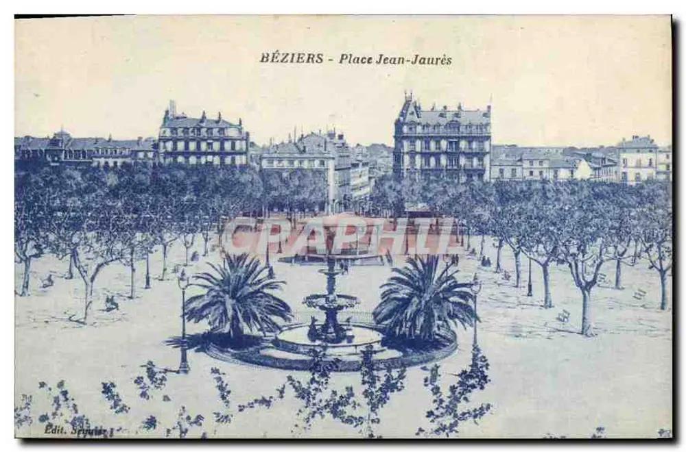 Béziers - Plaza Jean-Jaurès — vista de la plaza con fuente y palmeras — Edit. Seguier - Anverso