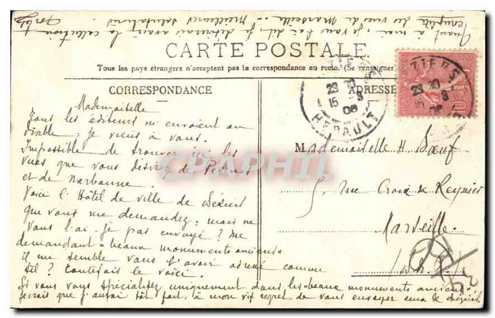 Béziers La Mairie — édifice municipal avec horloge et balcon orné — éditeur Le Titan, cliché Exchenne - Verso