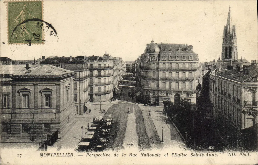 Montpellier — Ansicht der Nationalstraße und der Kirche Sainte-Anne — ND. Phot. - Vorderseite